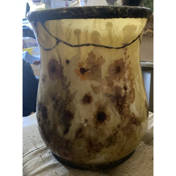 Vtg MCM Lucite Acrylic Honey Swirl Real Pressed Flowers Waste Basket Vase 10.5" - Picture 4 of 12